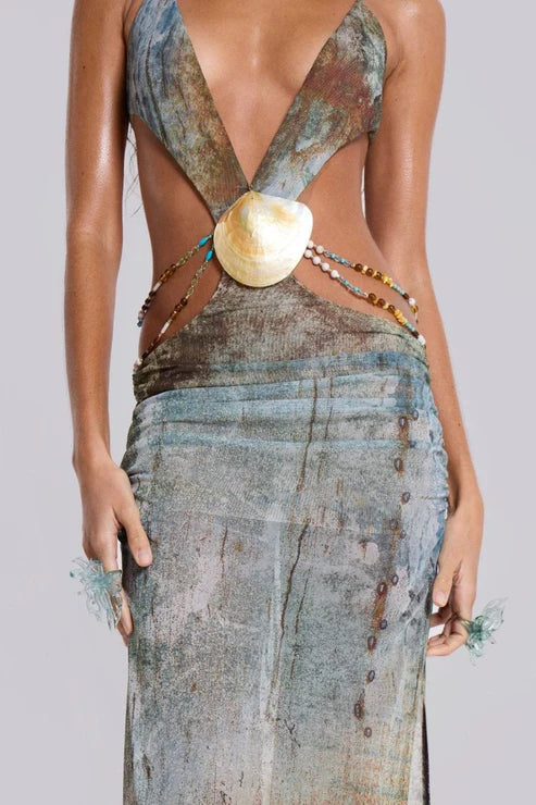 SHELL TRIM MAXI MESH DRESS