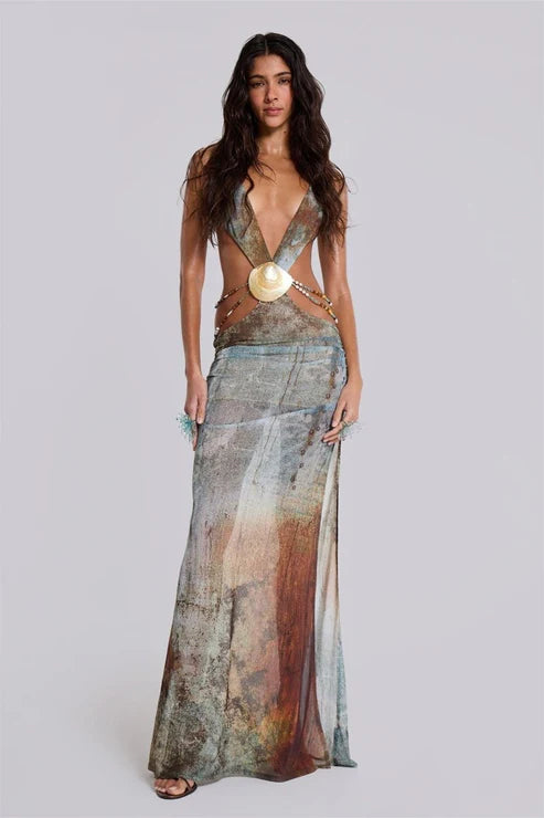 SHELL TRIM MAXI MESH DRESS