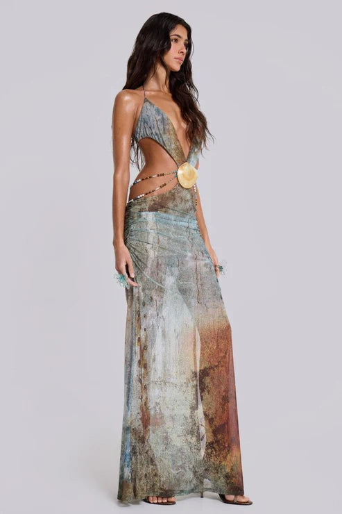 SHELL TRIM MAXI MESH DRESS