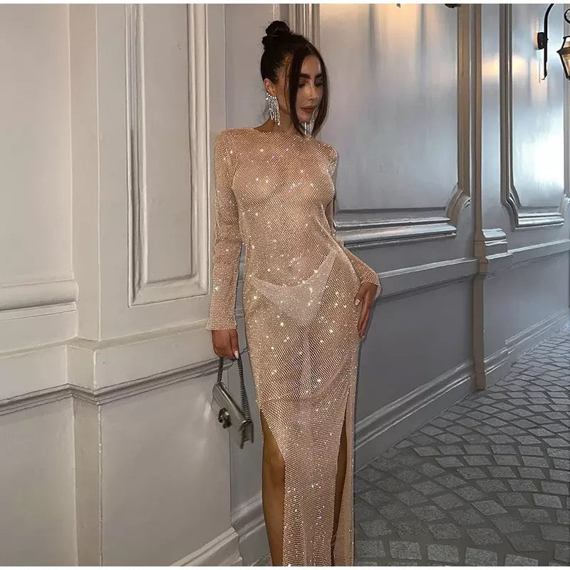 NUDE RHINESTONE LONG DRESS